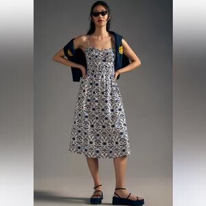 NWT Anthropologie Corset Midi Dress Navy White Sun Floral Printed Smocked M